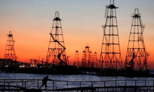 Oil derricks on the Caspian Sea